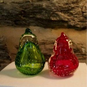 Vintage Handblown Bubble Glass Paperweights Ruby Red, Green Pear Set 4"x3.5"
